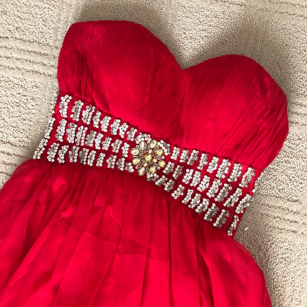 Strapless Red Jeweled Belt Prom Dress
